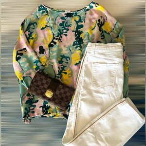 MISSONI silk 3/4 sleeve blouse top pink yellow teal green black swirls oversized